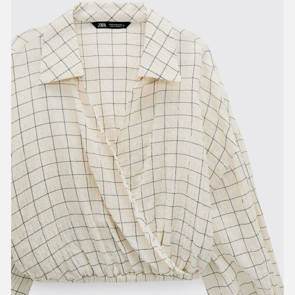 Zara Plaid Cropped Wrap Collar Top Size Large - Picture 1 of 14